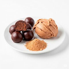 Brigadeiros and a scoop of whey protein powder next to it indicating that the brigadeiro was made with whey protein.