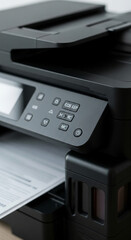 Close-up of black inkjet printer, showcasing control panel and paper output, representing office productivity and modern technology