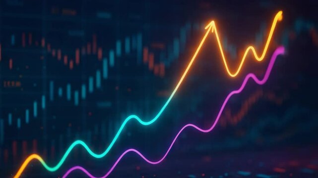 A vibrant graphic representation of a financial trend showcasing colorful upward and downward lines against a dark backdrop. Ideal for finance and business themes.