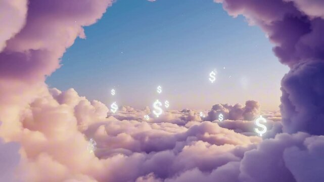 A soft surreal dream world with pastel clouds and glowing $ signs drifting overhead like stars, slow movement, gentle twilight lighting