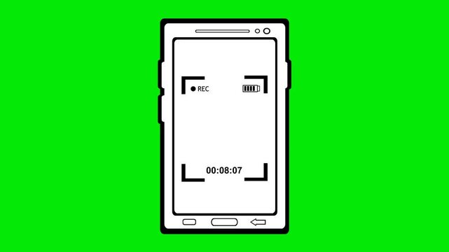 drawing black and white icon animation mobile phone video record film camera screen on a green chroma key background