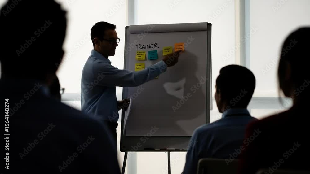 Poster professional business training session with interactive team collaboration and brainstorming