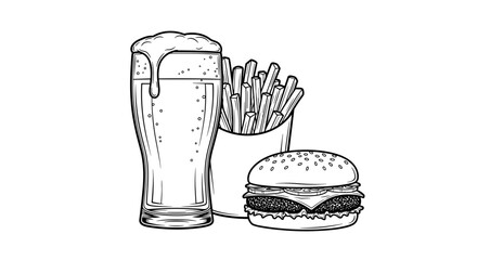 Mug of beer with burger and fries illustration in black and white