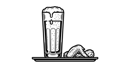 Glass of beer with chicken wings on a plate illustration in black and white