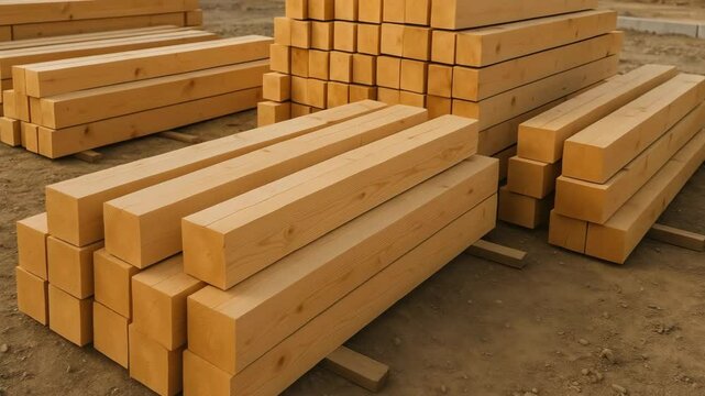 A collection of neatly stacked wooden beams on a construction site, showcasing the raw material essential for various building projects. Perfect for industry-related visuals.