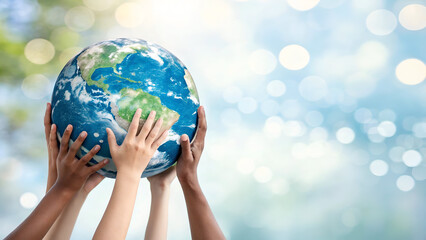 Earth Day Concept – Globe in Family Hands with Nature Background for Environmental Awareness