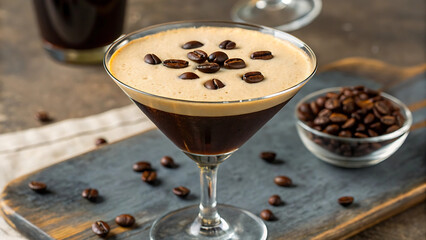 Espresso martini with coffee beans on top and a small bowl of beans on a wooden board near by - ai generated