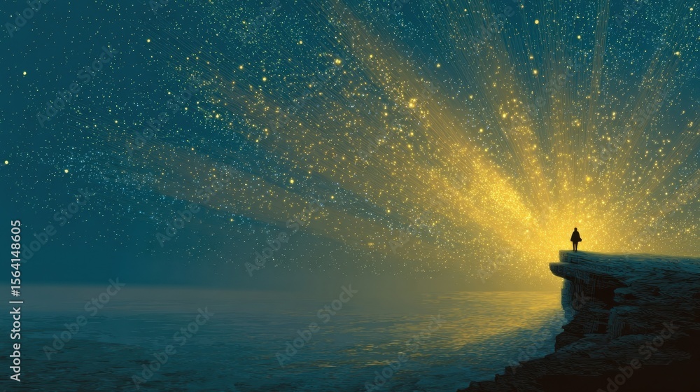 Poster a lone person standing on a cliff edge enveloped by radiant golden wisps of light cascading towards 