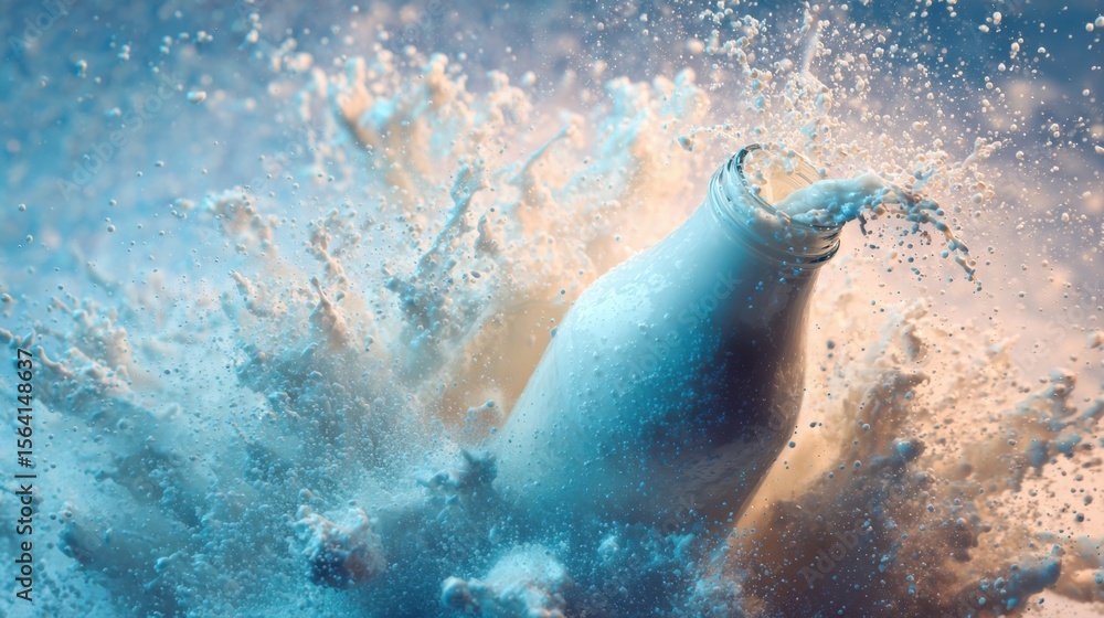 Poster an overhead view of a milk bottle being squeezed resulting in a dramatic spray of milk droplets form