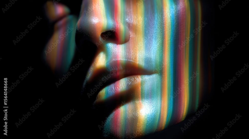 Poster an abstract portrayal of a facial silhouette where brilliant vertical light bands cascade vertically