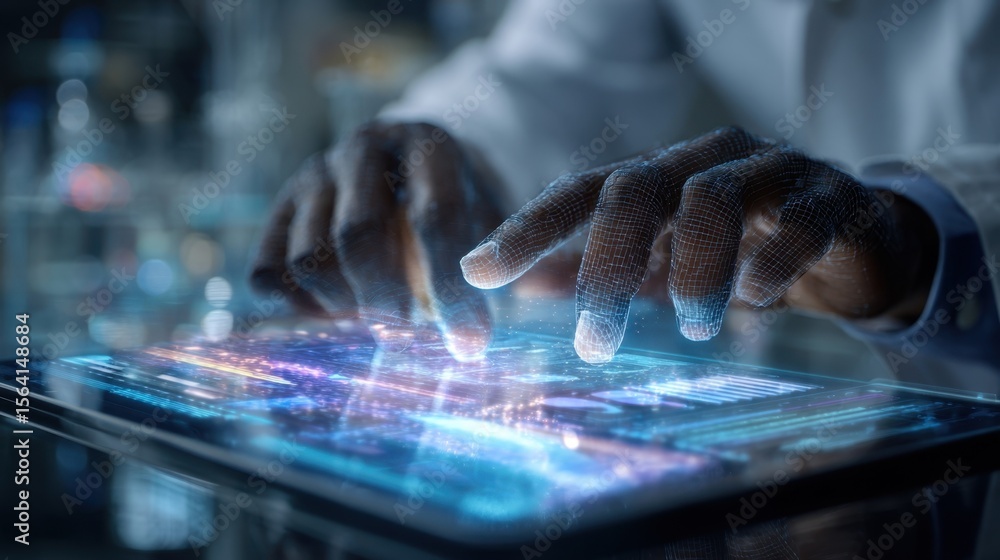 Poster against a backdrop of a hightech laboratory an engineer interacts with a translucent interface that 