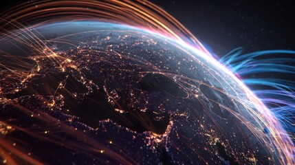 An aerial view of a spinning Earth surrounded by vibrant luminescent nodes that connect through dynamic arcs of light. The animation features a flowing mesh of digital signals cascadin