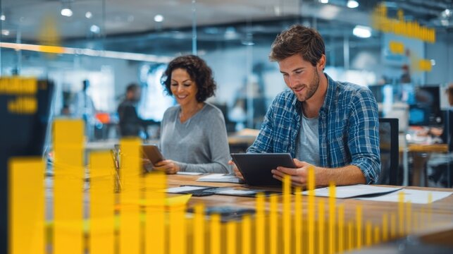 In a modern office setting a man uses a tablet to interact with digital content while his colleague seated at a desk evaluates animated graphs on her laptop. The scene conveys a dynami