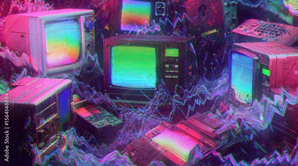 Aufkleber an animated scene depicting a retro electronics interface characterized by jagged shapes and erratic