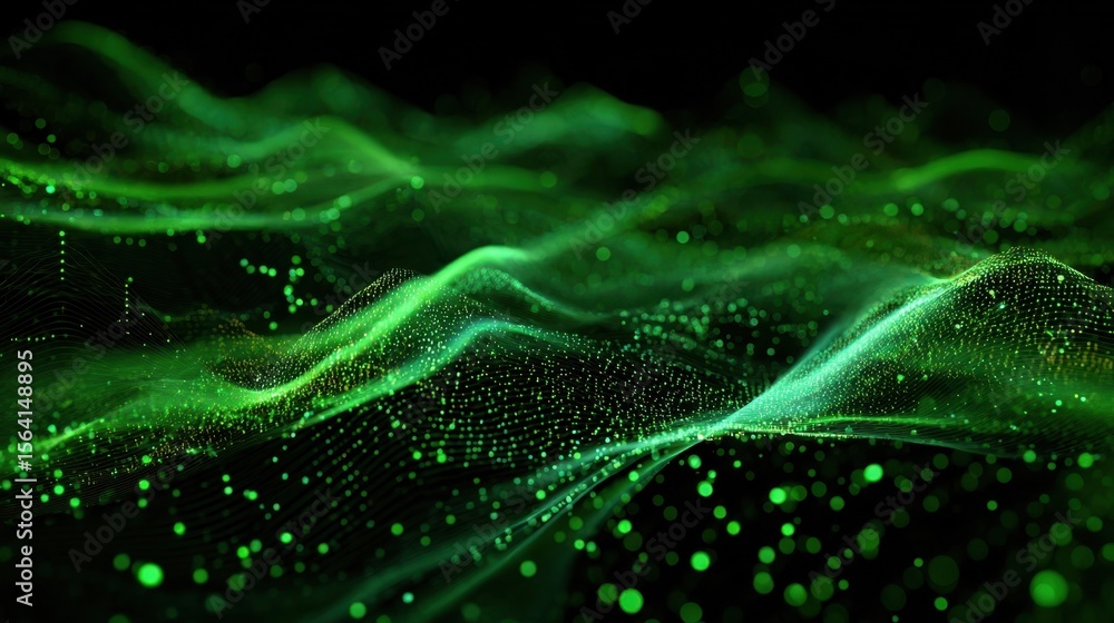Fototapete in a broader composition multiple green waveforms interlace and overlap forming a complex network of