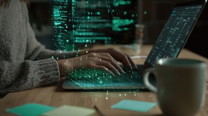 A closeup shot of a womans hands typing on a laptop with a translucent green grid hovering over the screen. Surrounding her are scattered notes and a mug while the coding interfac