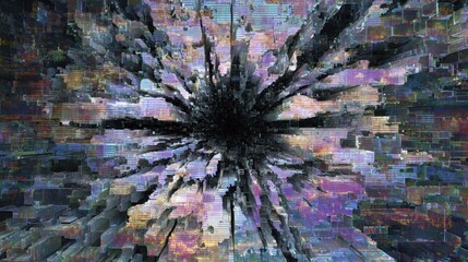 The vertical composition highlights a broken display with dark fissures radiating from the center creating a chaotic pattern of muted colors. Patches of corrupted pixels shimmer erraticall