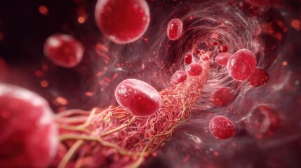 An informative 3D sequence depicting the symptoms of high cholesterol by animating a blood vessel under strain. As the vessel narrows the animation reveals the impact on surroundin