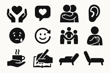 12 black emotional support icons on white. Vector for care, empathy, and connection.