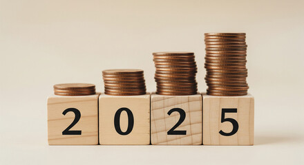Wooden blocks showing 2025 with increasing stacks of coins on top, symbolizing financial growth and investment planning for the new year