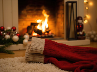 Cozy Christmas Fireplace Scene with Red Knitted Blanket and Decor