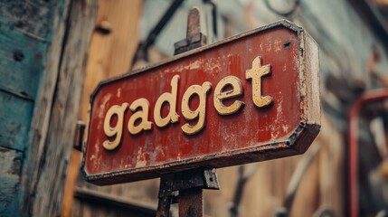 Rustic signage depicts the word 'gadget' on a vintage metal plate with an aged finish in a historical setting featuring textured backgrounds.