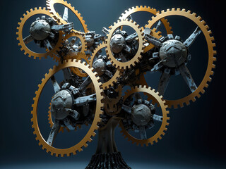 Abstract Mechanical Sculpture: Interconnected Gears and Rings in 3D Art