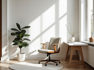 Minimalist Home Office Nook with White Desk, Chair, and Plant