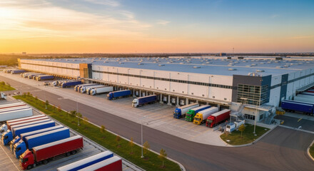 Sprawling modern logistics warehouse facility with many colorful semi trucks parked at numerous loading docks at sunset.