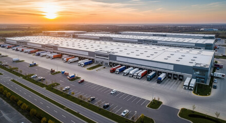 Aerial view vast modern logistics warehouse complex. Many semi trucks parked at loading docks during sunset. Industrial distribution and transportation hub.