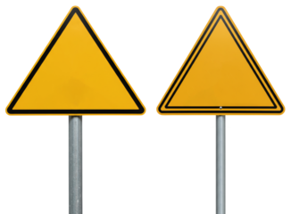 Yellow triangle warning signs on metal poles with transparent background