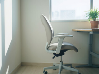 Minimalist Home Office Nook with White Desk, Chair, and Plant