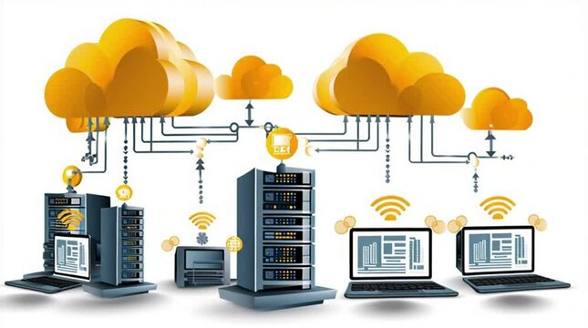 cloud computing concept, a infographic that represents the transfer of a server from one data center to another to support real world operations cloud computing