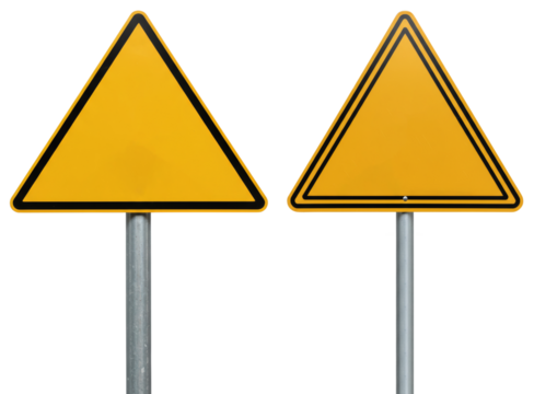 Yellow triangle warning signs on metal poles with transparent background  