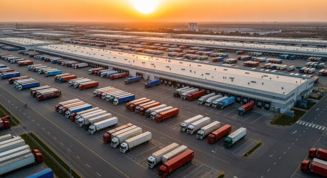 Aerial view of vast logistics distribution center with many parked semi trucks and trailers at loading docks during golden sunset light.