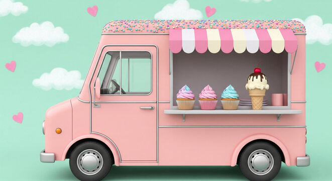 Pink ice cream truck with cupcakes and ice cream cone, against a pastel green background with hearts and clouds, showcasing a sweet and charming Valentine's Day concept