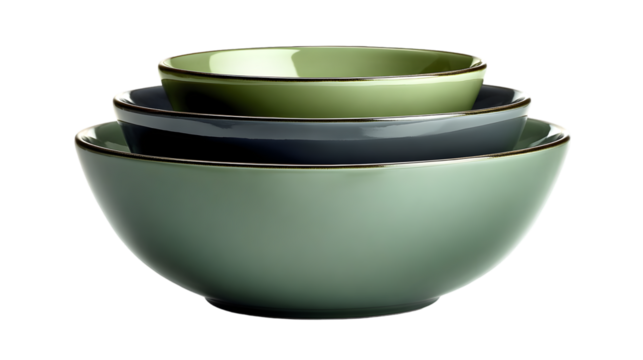 Stack of Three Ceramic Bowls: Green, Gray Nesting Bowls on White Background