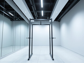 Minimalist Home Gym Studio with Fitness Equipment and Mirrors