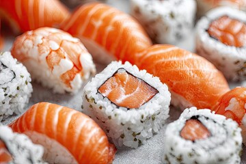 Close-up of assorted sushi pieces, featuring salmon nigiri, maki rolls with salmon and shrimp, arranged on a light gray surface