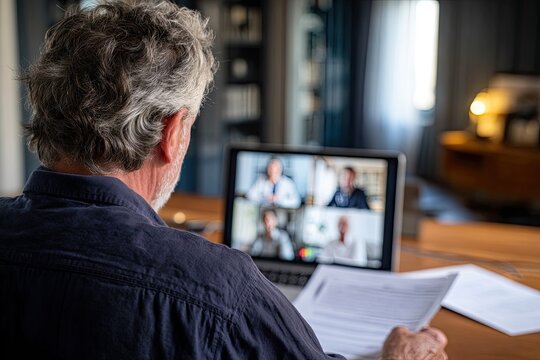 Senior man sits at a desk reviewing papers while participating in a video conference on his laptop - Powered by Adobe
