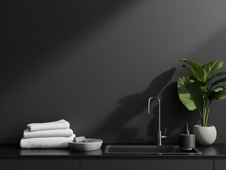 Modern Dark Kitchen with Minimalist Countertop and Brass Faucet