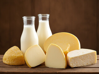 Assorted Dairy Products on Wooden Surface
