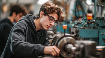Technical education students wearing safety goggles and coveralls operate industrial lathe machines in engineering workshop. Teamwork, precision, and skill development in vocational training or STEM e