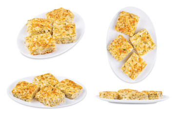 Cabbage cheese casserole in a plate on a white isolated background