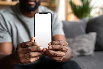 Close-up of dark-skinned man's hands holding a smartphone vertically with a blank white screen, seated on a grey sofa in a blurred home setting