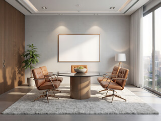 Modern Minimalist Office Conference Room with Leather Chairs