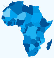 Map of Africa with countries. Just a simple continent border map with country division. Light blue color palette. Blank Africa shape with administrative division. Vector illustration.
