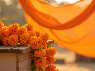 Orange Marigold Flowers with Decorative Fabric in Outdoor Setting