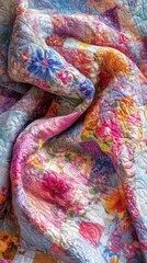 Intricately Patterned Colorful Floral Quilt Showcasing Detailed Embroidery and Quiltwork with Multiple Vivid Colored Fabric Patches