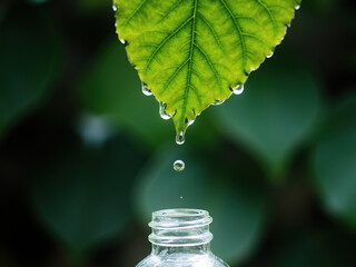 Green Leaf with Water Droplets Over Bottle